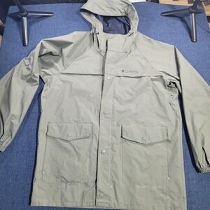 Columbia Vintage 90s Tan Size M PVC Trail Hiking Hooded Rain Coat Jacket Vented